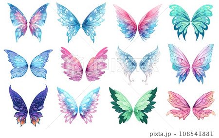 Fairy wings beautiful set. Fantastic elf winges, fantasy creatures wing elements colorful vector collection 108541881