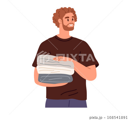 Man holding bathroom towels pile. Male character with stack of folded textile, fabric or napkins. Cotton face and body cloth washing. Clothes cleaning, launderying, housekeeping, garment care concept Man holding bathroom towels pile. Male character with stack of folded textile, fabric or napkins. Cotton face and body cloth washing. Clothes cleaning, launderying, housekeeping, garment care concept 108541891