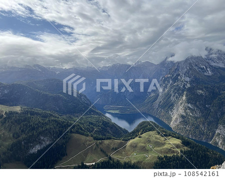 View of Koenigssee and Watzmann, Berchtesgaden National Park, Berchtesgaden Alps, Schoenau am Koenigssee, Berchtesgadener Land, Bavaria, Germany, Europe View of Koenigssee and Watzmann, Berchtesgaden National Park, Berchtesgaden Alps, Schoenau am Koenigssee, Berchtesgadener Land, Bavaria, Germany, Europe 108542161