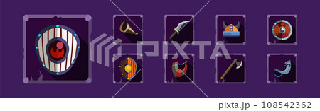 Mobile Game Icon and Object with Axe, Helmet and Shield Vector Set Mobile Game Icon and Object with Axe, Helmet and Shield Vector Set 108542362