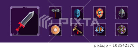Mobile Game Icon and Object with Medieval Sword, Shield and Helmet Vector Set 108542370