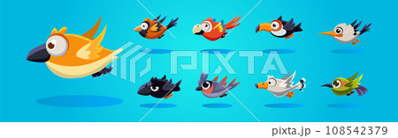 Funny Cartoon Birds Flying with Wings Side View Vector Set 108542379