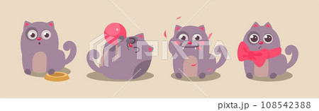 Cute Grey Fat Kitten Engaged in Different Activity Vector Set 108542388