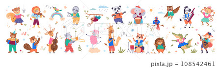 Musical animals collection. Cute cartoon music character. Musical animals set. Animal music band play jazz on sound instrument. Childish party orchestra. Funny kid dance poster celebration background 108542461
