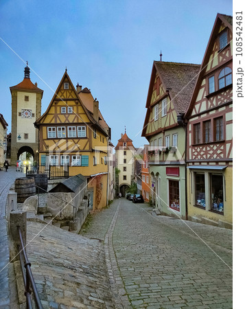 The facades of historical building at Rothenburg ob der Tauber where is the fortified city at Germany. 108542481