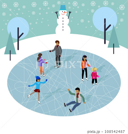 Winter ice staking rink sports young happy people family activity. Mom dad son boy girl skaters fir tree. Friends at ice-skating outdoor rink merry christmas new year winter holidays concept 108542487