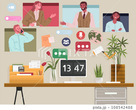Video conference. Vector illustration. The modern network enables online video conferences with ease The video conference metaphorically bridges gap between distance and interaction Technology 108542488