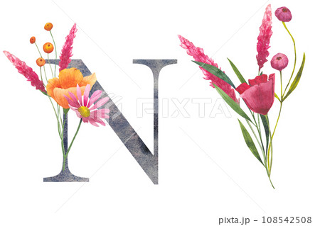 Letter N with watercolor wildflowers. Floral alphabet, set isolated letters with botanical bouquet. monogram initials perfectly for wedding invitation, birthday, greeting card and other design. 108542508