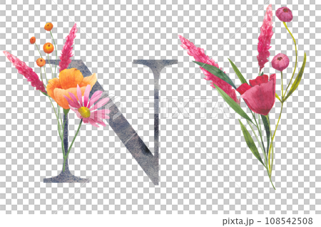 Letter N with watercolor wildflowers. Floral alphabet, set isolated letters with botanical bouquet. monogram initials perfectly for wedding invitation, birthday, greeting card and other design. 108542508