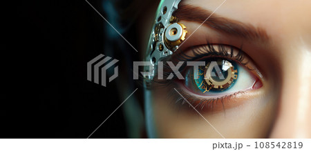Close up of a sci-fi cyborg eye. Futuristic human eye technology - digital iris Close up of a sci-fi cyborg eye. Futuristic human eye technology - digital iris 108542819