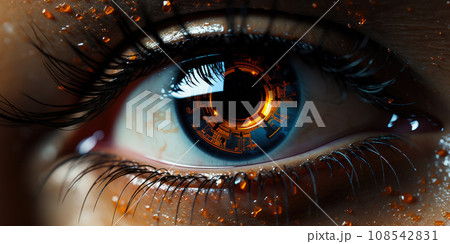 Close up of a sci-fi cyborg eye. Futuristic human eye technology - digital iris Close up of a sci-fi cyborg eye. Futuristic human eye technology - digital iris 108542831