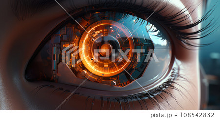 Close up of a sci-fi cyborg eye. Futuristic human eye technology - digital iris 108542832