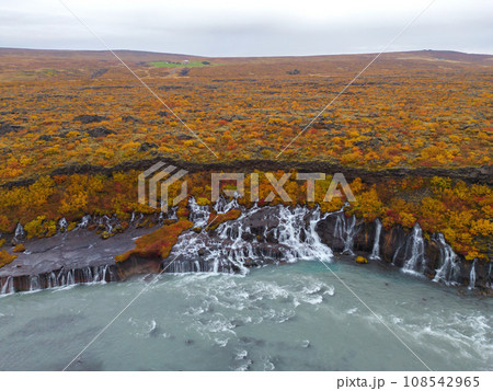 Aerial top view of Hraunfossar waterfall in autumn fall season in Iceland. Famous nature landscape background 108542965