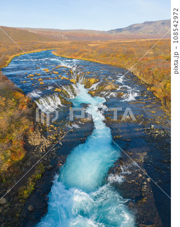 Aerial top view of Bruarfoss waterfall in autumn season in Iceland. Famous nature landscape background 108542972