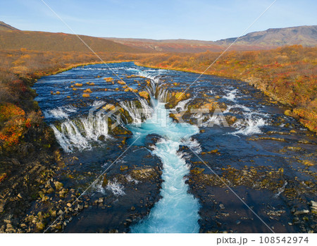 Aerial top view of Bruarfoss waterfall in autumn season in Iceland. Famous nature landscape background 108542974
