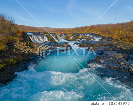 Aerial top view of Bruarfoss waterfall in autumn season in Iceland. Famous nature landscape background 108542979