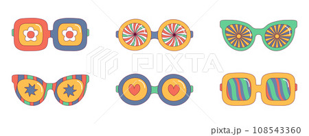 Retro colored glasses with patterns. Vector illustration of sunglasses in 70s style. 108543360