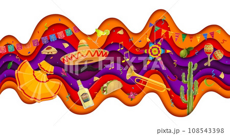 Viva Mexico paper cut waves with mexican sombrero, musical instruments, national costume and cuisine. Mexican holiday banner with vector 3d layered papercut borders, pinata, cactus, papel picado flags 108543398