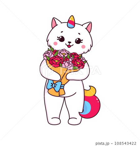 Cartoon cute caticorn cat or kitten character with flowers. White unicorn cat or caticorn kitty vector personage with happy face, rainbow horn and tail holding rose flowers bouquet with ribbon bow 108543422