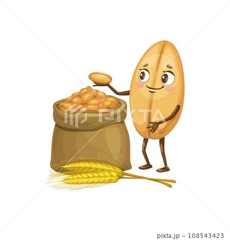 Wheat grain cartoon character or funny cereal seed kernel with harvest bag, isolated vector. Funny cute corn wheat, oat or rye grain personage for bakery bread or organic natural food package 108543423