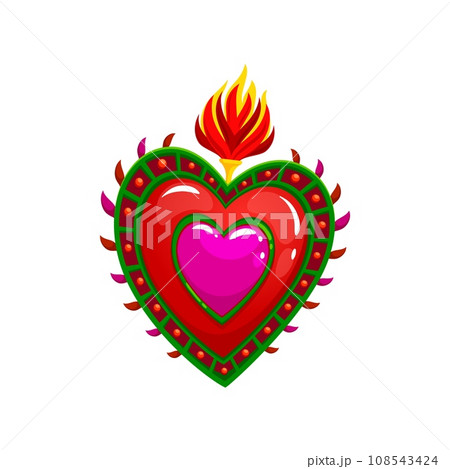 Mexican sacred heart tattoo and symbol. Isolated cartoon vector flaming heart pierced by thorns, symbolizes love, passion, and devotion, deeply rooted in culture of Mexico and Catholicism 108543424