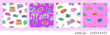Seamless Pattern Retro 90s set. Hand drawn doodle stickers with speech bubble elements, Memphis style. Colorful lettering. Cartoon label patches with text. Speech bubble elements. Vector background 108543425
