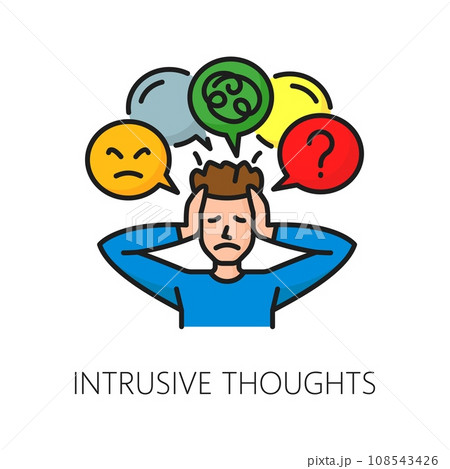 Mental health icon, intrusive thoughts psychological disorder problem. Vector sign of man suffering from persistent thought bubbles with swirling tendrils, unwelcome thought that intrude upon the mind 108543426
