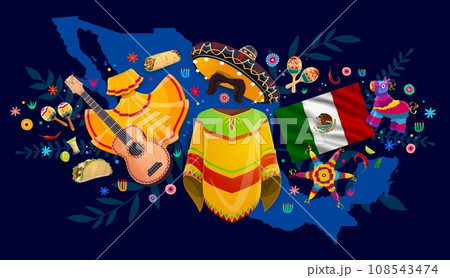 Mexico map with national costumes, food and musical instruments, vector mexican travel, tourism and holidays. Cartoon flag, pinata, sombrero and guitar, maracas, chili peppers, tequila, tex mex taco 108543474