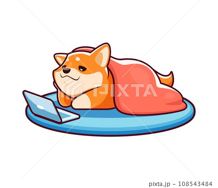 Cartoon happy shiba inu dog character, cute kawaii pet personage lounging on a cozy mat, engrossed in using a laptop, portraying a delightful blend of comfort and technology. Adorable vector animal 108543484