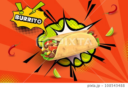 Retro comic halftone bubble with tex mex mexican burrito, vector food. Cartoon tortilla sandwich roll or wrap with salad, chicken meat and spicy vegetables, chili and corn, mexican restaurant menu Retro comic halftone bubble with tex mex mexican burrito, vector food. Cartoon tortilla sandwich roll or wrap with salad, chicken meat and spicy vegetables, chili and corn, mexican restaurant menu 108543488