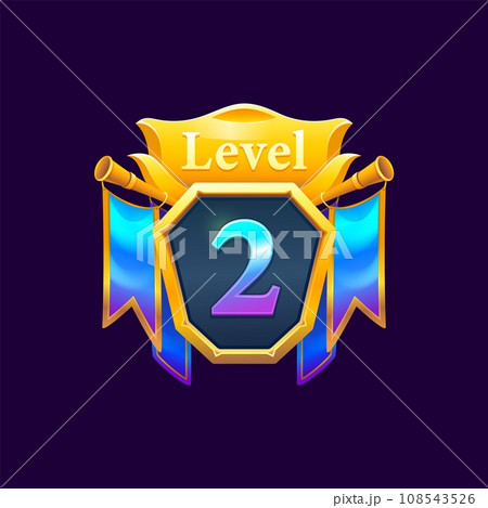 Game level badge for GUI interface golden banner with flags, vector icon. 2 level up badge with ribbon and golden crest for video game arcade next level achievement or gamer popup congrats Game level badge for GUI interface golden banner with flags, vector icon. 2 level up badge with ribbon and golden crest for video game arcade next level achievement or gamer popup congrats 108543526