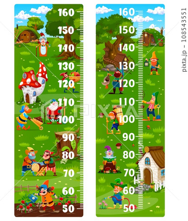 Kids height chart ruler. Cartoon fairytail gnomes at village vector measure meter wall sticker. Children growth chart with cute gnome, elf and dwarf characters, fairy tree trunk and mushroom houses 108543551