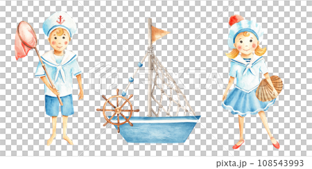 Set of watercolor sea compositions. Cute little sailor boy and girl in marine suits with fishing net, shell and toy boat. Marine illustration for kids. Hand painted on white background. For children 108543993