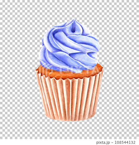 Delicious cupcake in paper wrapper decorated with blue cream. Muffin, baked cake. Cream with blue clitoria powder. Watercolor illustration for package, menu, recipe, label 108544132
