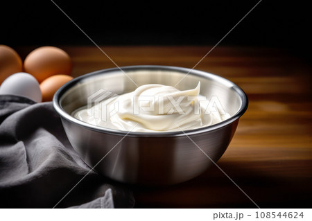 Metal bowl with whisk for preparation of whipped cream, homemade sour cream or hand cream. Pure creamy background 108544624