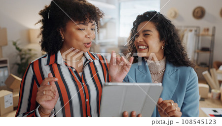 Shipping, fashion designer and team of women on tablet for delivery, logistics or small business. Ecommerce, online shopping and people on digital tech for website, discussion or distribution startup 108545123