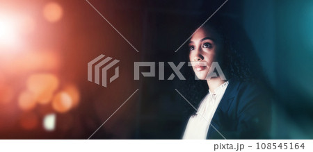 Banner, vision and woman in night business for corporate, design and deadline in a dark office. Flare, thinking and panorama of an employee working overtime in the workplace for commitment to company Banner, vision and woman in night business for corporate, design and deadline in a dark office. Flare, thinking and panorama of an employee working overtime in the workplace for commitment to company 108545164