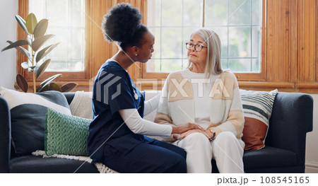 Mature, sad woman or caregiver with empathy or results in consultation for bad news or cancer disease. Stress, depression or nurse with a crying senior patient for support, sympathy or help in home Mature, sad woman or caregiver with empathy or results in consultation for bad news or cancer disease. Stress, depression or nurse with a crying senior patient for support, sympathy or help in home 108545165