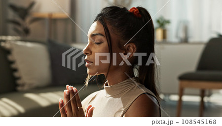 Woman, yoga and meditation on floor, namaste and peace for chakra, relax or breathe in home living room. Girl, faith and spiritual balance for pilates workout, wellness or fitness for zen mindfulness Woman, yoga and meditation on floor, namaste and peace for chakra, relax or breathe in home living room. Girl, faith and spiritual balance for pilates workout, wellness or fitness for zen mindfulness 108545168