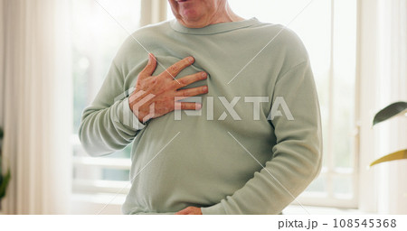 Heart attack, cardiology and person holding chest with pain, sick and cardiovascular healthcare. Indigestion, heartburn and health with wellness, elderly care with medical issue and hypertension 108545368