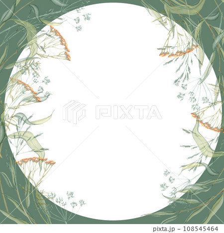 Watercolor frame of bouquet meadow leaves and yellow tansy, flowers, branches and wild dry grass. Evergreen grass field in nature, meadow in springtime. Summer botany, natural elements. Natural green 108545464