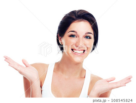 Woman, presentation hands and smile portrait studio advertising sale mockup space, logo or promo. Female model person, happy or gesture branding question information showing, teaching or marketing Woman, presentation hands and smile portrait studio advertising sale mockup space, logo or promo. Female model person, happy or gesture branding question information showing, teaching or marketing 108545824