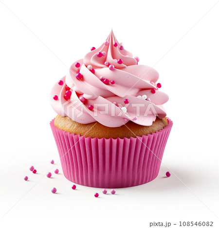 Muffin with pink whipped cream and confectionery decoration. 108546082