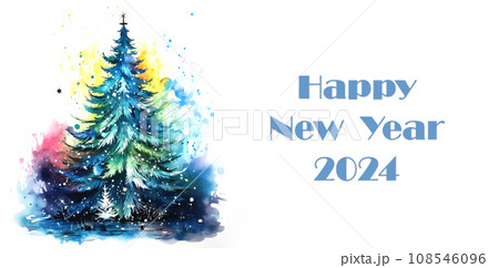 New Year's card with a Christmas tree and text. Happy New Year 2024. 108546096