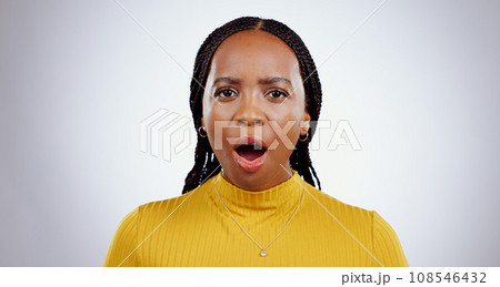 Portrait, surprise and black woman with gossip, announcement and reaction on white studio background. Face, model or African person with emotion, news and open mouth with winner, expression and emoji Portrait, surprise and black woman with gossip, announcement and reaction on white studio background. Face, model or African person with emotion, news and open mouth with winner, expression and emoji 108546432