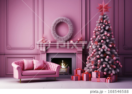 Christmas background with Christmas tree, gifts and fireplace in pink colors 108546588