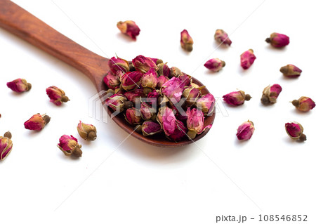 Dried roses for tea on white background. 108546852