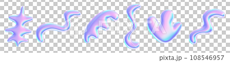 Holographic liquid y2k shape. 3d render illustration set of abstract fluid metal graphic objects of different inflatable forms with holography effect. Geometric chrome shiny glossy bubbles. 108546957