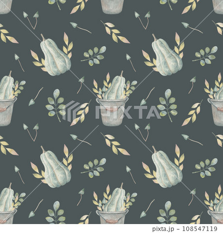 Autumn seamless pattern.Composition of a bucket with a pumpkin and a variety of leaves with mushrooms.Color combination in retro style.Thanksgiving, agriculture, harvest, gardening 108547119