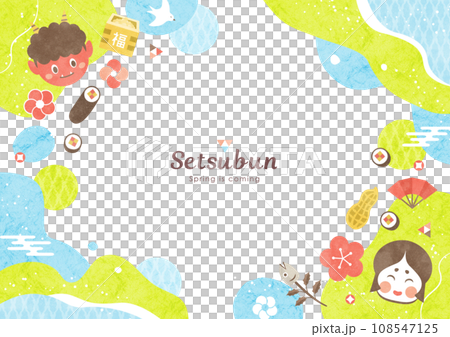 節分背景框架流行水彩插圖框架的惡魔和 ehomaki 藍色和綠色 108547125